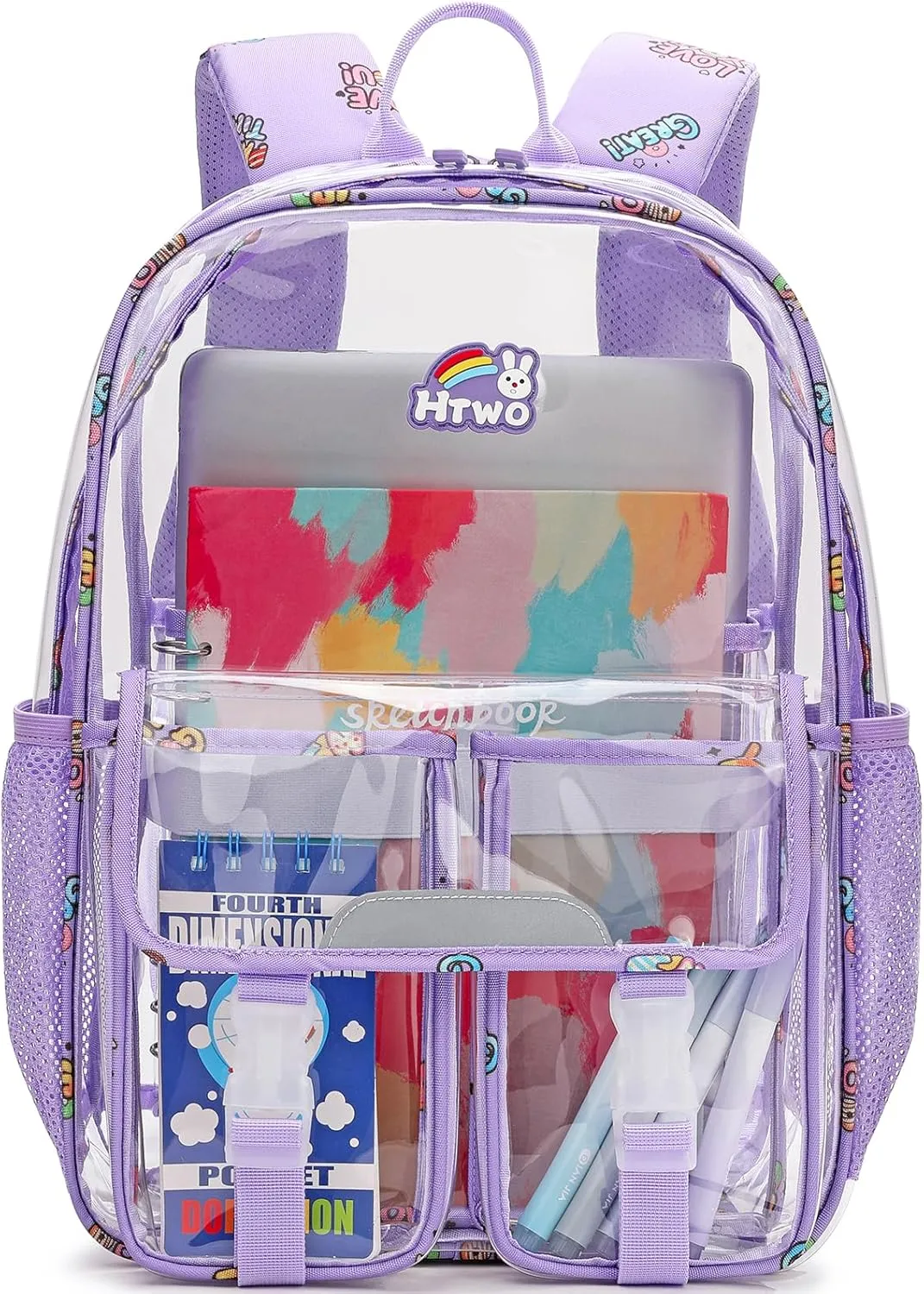 HTWO Clear Backpack for School Heavy Duty Transparent Bookbag for Girls Gift Stadium See Through Backpacks for Women Teenage Travel bags(Purple)