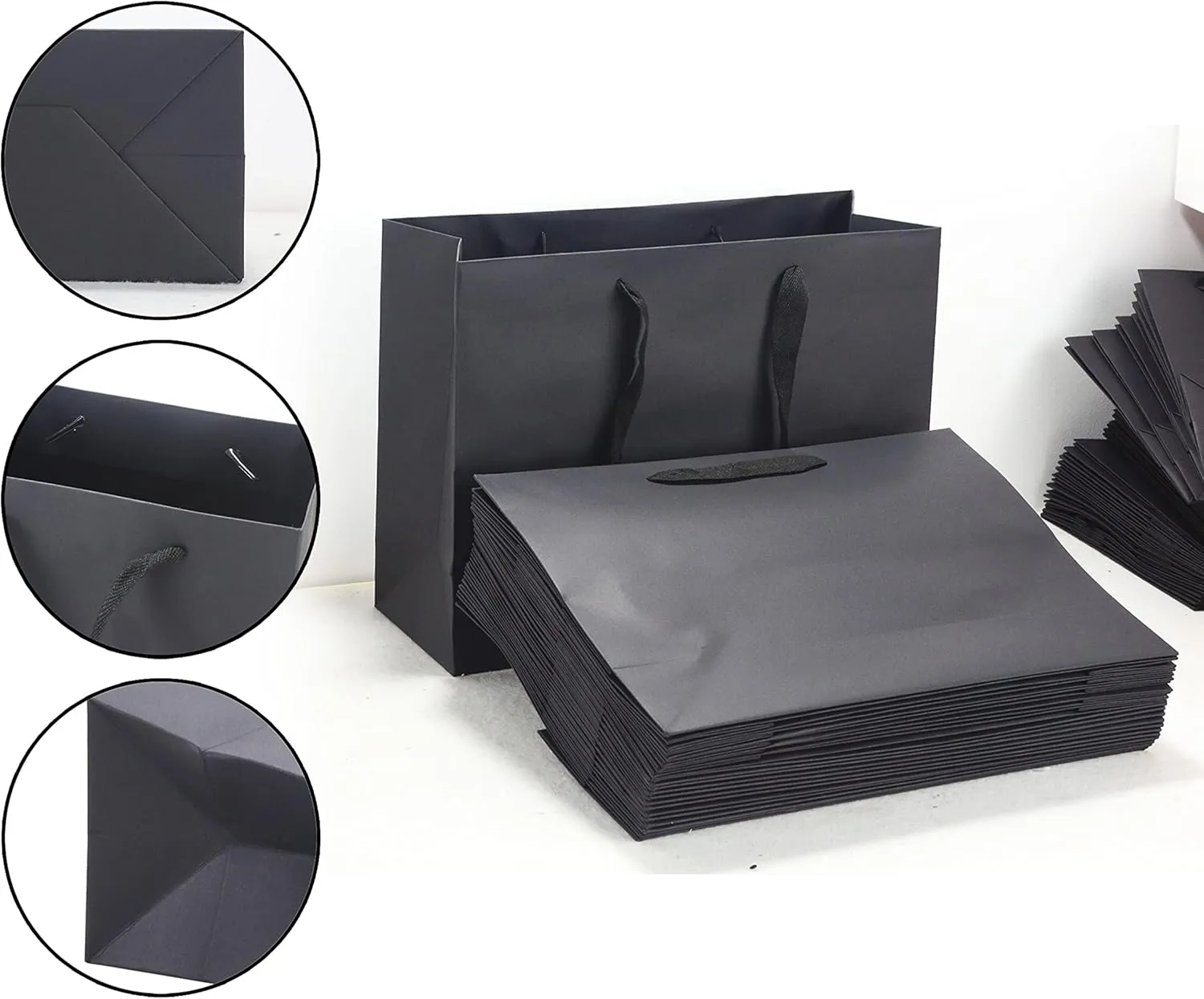HUAPRINT Black Paper Bags,Gift Bags,Shopping bags with Ribbon Handles,30 Packs 13x5x10Inch,Retail Bags,Party Favor Bags,Merchandise Business Bags,Wedding Bags