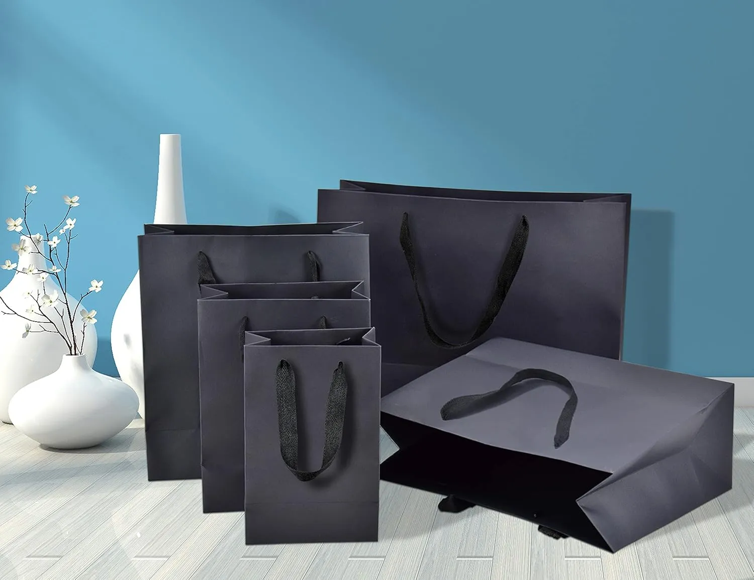 HUAPRINT Black Paper Bags,Gift Bags,Shopping bags with Ribbon Handles,30 Packs 13x5x10Inch,Retail Bags,Party Favor Bags,Merchandise Business Bags,Wedding Bags