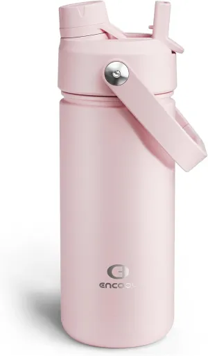 Insulated Water Bottle with Straw - Encool Stainless Steel Water Bottle, Leak-Proof, BPA-Free, Double Wall Vacuum Keeps Cold for 24 Hours for Sports, Travel, School (18 oz, Cotton Candy)