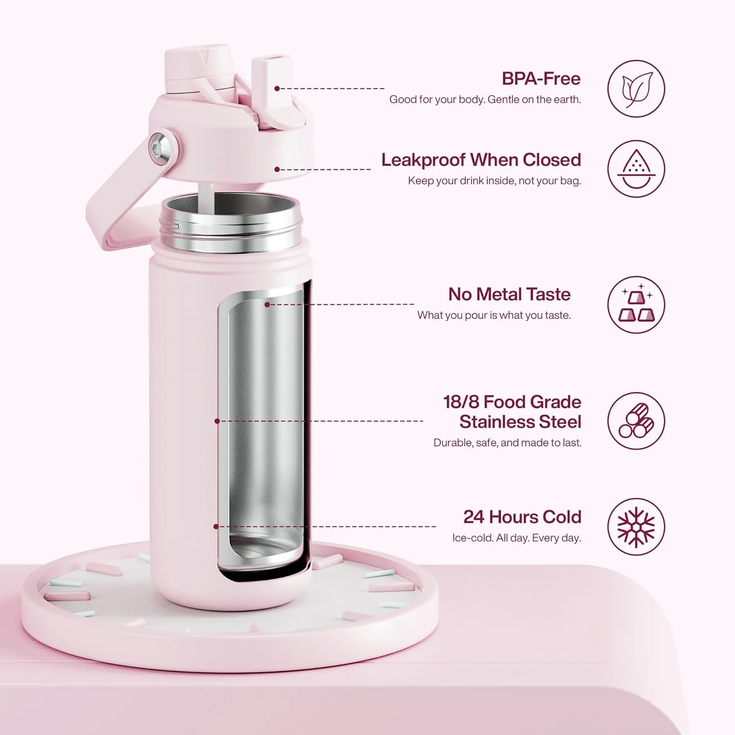 Insulated Water Bottle with Straw - Encool Stainless Steel Water Bottle, Leak-Proof, BPA-Free, Double Wall Vacuum Keeps Cold for 24 Hours for Sports, Travel, School (18 oz, Cotton Candy)