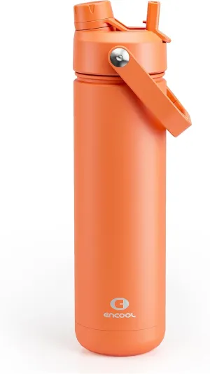 Insulated Water Bottle with Straw - Encool Stainless Steel Water Bottle, Leak-Proof, BPA-Free, Double Wall Vacuum Keeps Cold for 24 Hours for Sports, Travel, School (26 oz, Moderate Orange)