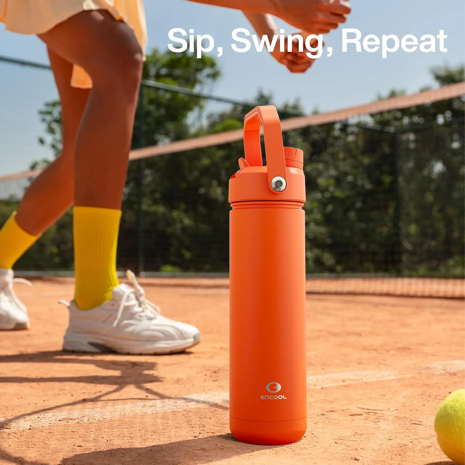 Insulated Water Bottle with Straw - Encool Stainless Steel Water Bottle, Leak-Proof, BPA-Free, Double Wall Vacuum Keeps Cold for 24 Hours for Sports, Travel, School (26 oz, Moderate Orange)