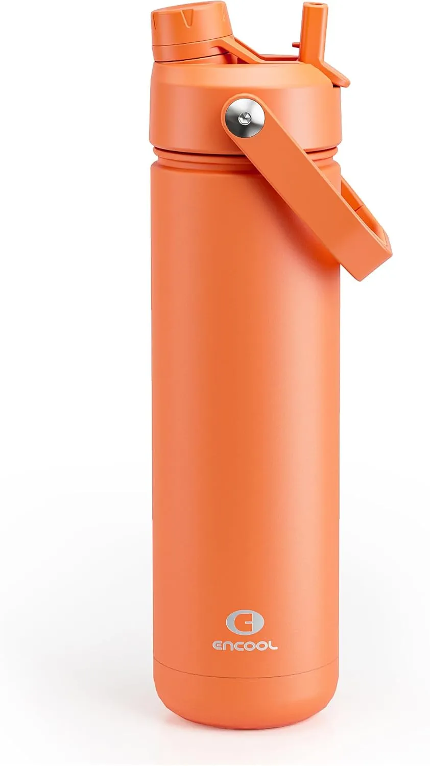 Insulated Water Bottle with Straw - Encool Stainless Steel Water Bottle, Leak-Proof, BPA-Free, Double Wall Vacuum Keeps Cold for 24 Hours for Sports, Travel, School (26 oz, Moderate Orange)