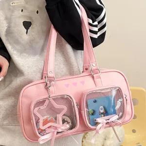 Ita Bag Kawaii Underarm Bags for Women Girls Pins Display Handbag PU Leather Shoulder Purse with Clear Window