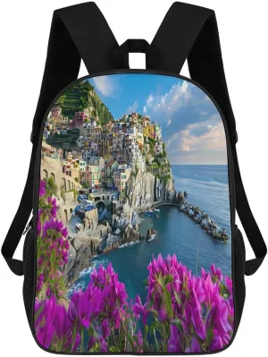 Italy Manarola's Coastline Travel Backpack 17 Inch Laptop Daypack Shoulder Bag with Adjustable Shoulder Straps for Men Women