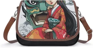 Japanese Geisha Ghost Mask Printed Crossbody Bags PU Leather Purses Shoulder Handbag with Adjustable Shoulder Strap