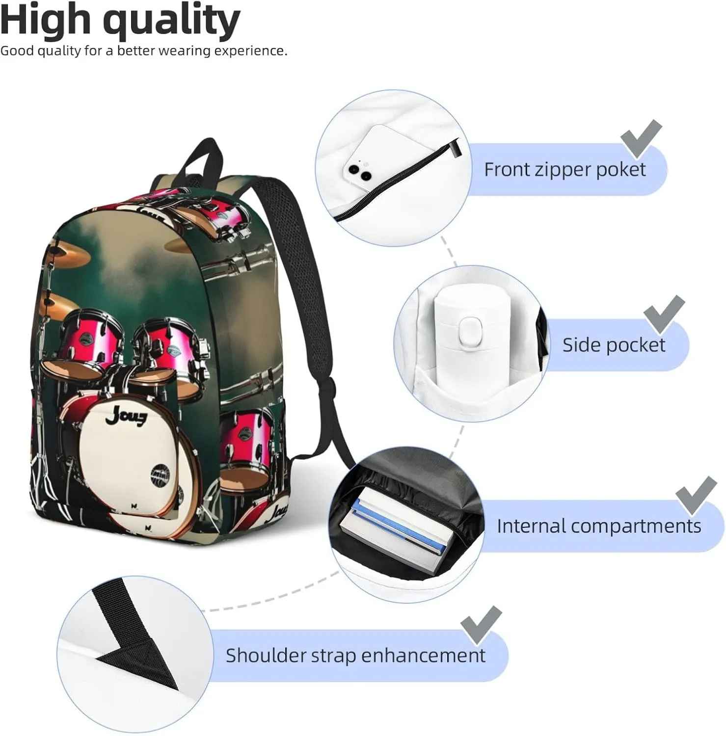Jazz Drum Classic Style Backpacks Travel Bag For Men Women Lightweight Back Pack With Laptop Compartmen