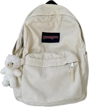 JHTPSLR Preppy Backpack Cute Vintage Corduroy Backpack Light Academia Aesthetic Backpack with Plushies Laptop Backpacks (Beige)