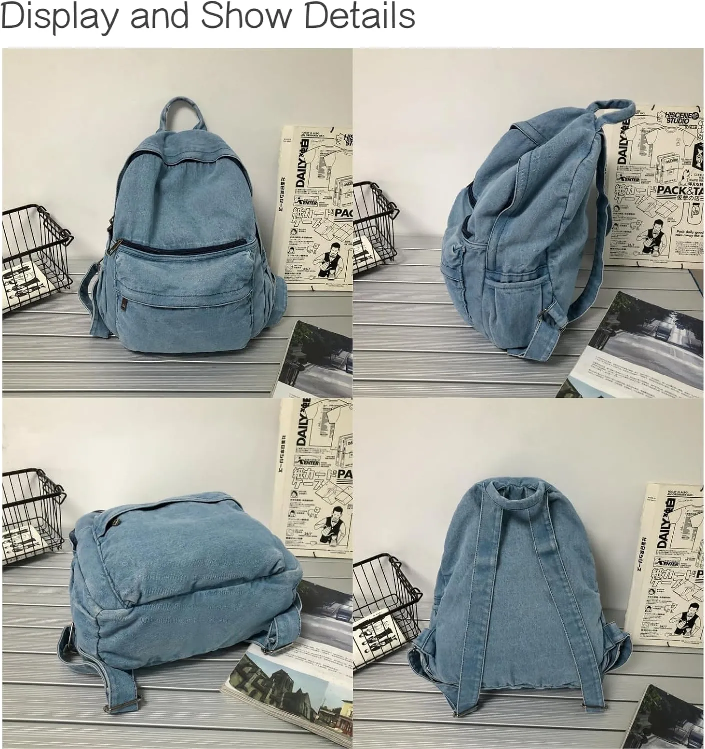 JHTPSLR Preppy Backpack Denim Backpack Vintage Aesthetic Backpack Cowboy Backpack Solid Denim Book Bags Casual Daypack Backpack Supplies (Grey Blue)