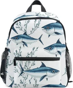 JUNZAN Cartoon Bluefin Tuna White Kids Backpack for Boy Bottle Pockets Toddlers Backpacks for Boys Bookbag for Kindergarten