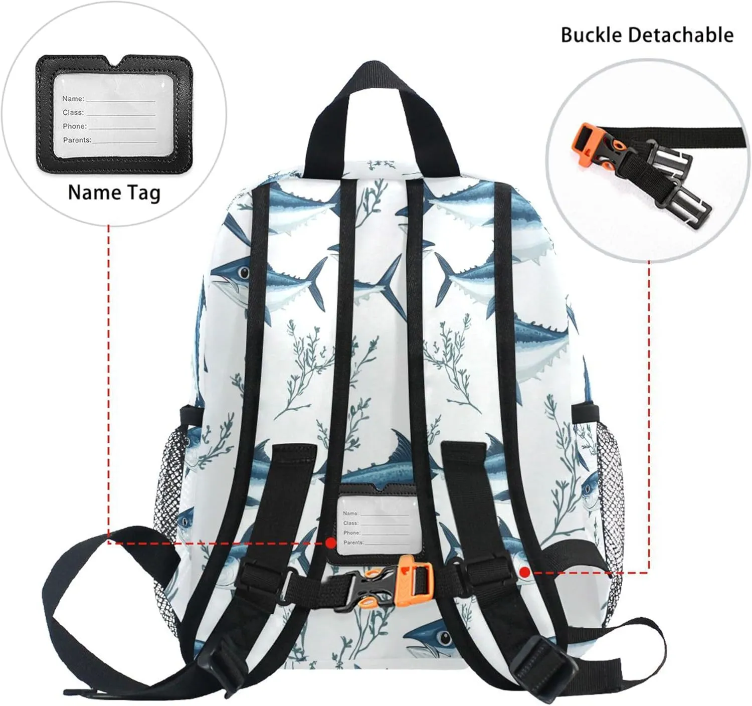 JUNZAN Cartoon Bluefin Tuna White Kids Backpack for Boy Bottle Pockets Toddlers Backpacks for Boys Bookbag for Kindergarten