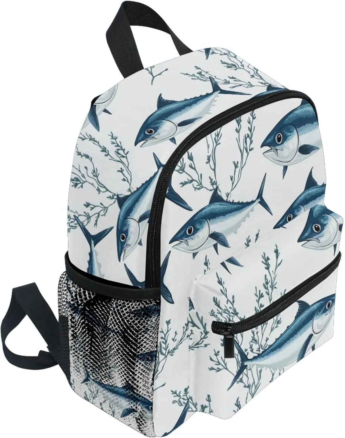 JUNZAN Cartoon Bluefin Tuna White Kids Backpack for Boy Bottle Pockets Toddlers Backpacks for Boys Bookbag for Kindergarten