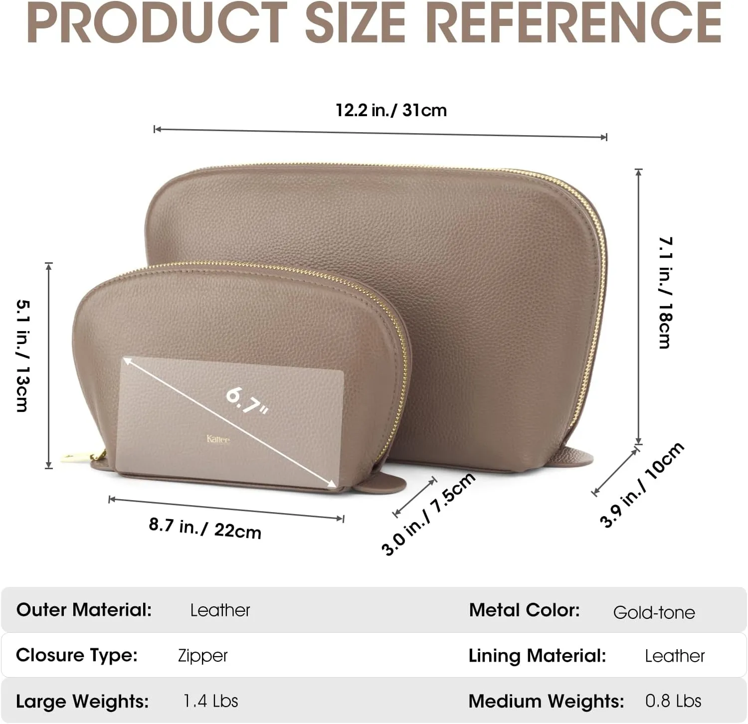 Kattee Leather Makeup Bag, Travel Cosmetic Bag Set, Toiletry Bag Organizer for Women, 1-PACK, Large, Khaki
