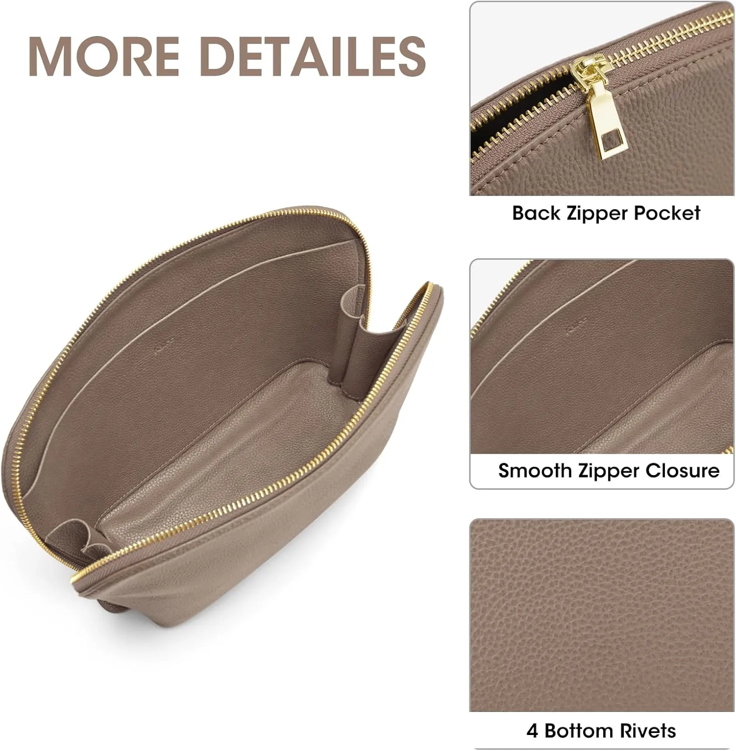 Kattee Leather Makeup Bag, Travel Cosmetic Bag Set, Toiletry Bag Organizer for Women, 1-PACK, Large, Khaki