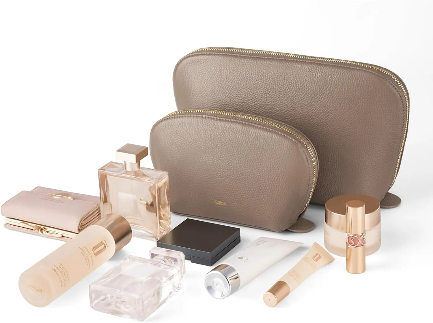 Kattee Leather Makeup Bag, Travel Cosmetic Bag Set, Toiletry Bag Organizer for Women, 1-PACK, Large, Khaki