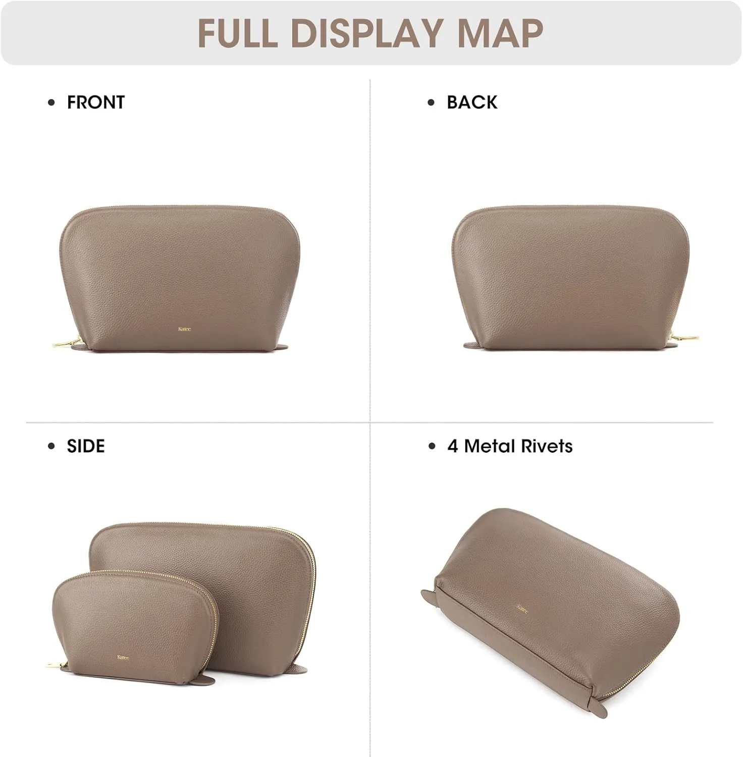 Kattee Leather Makeup Bag, Travel Cosmetic Bag Set, Toiletry Bag Organizer for Women, 1-PACK, Large, Khaki