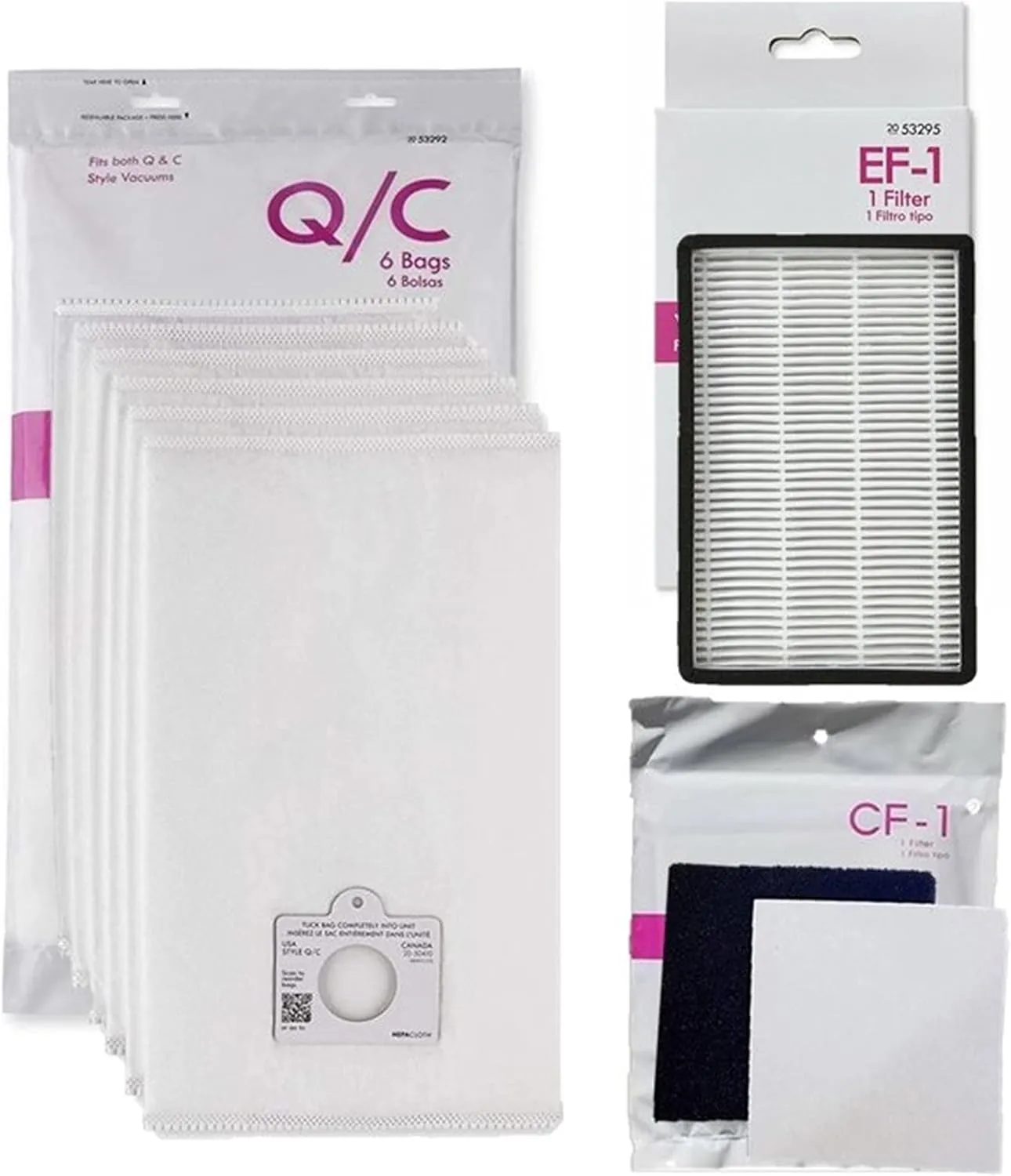 Kenmore Compatible Canister Vacuum Supply Kit. 6 Q/C Bags   1 EF-1 Filter   1 CF-1 filter. Compatible to 53292 53291 53295 86889 81002. Fits Progressive 25615 25813 27615 & Intuition 28014 29914