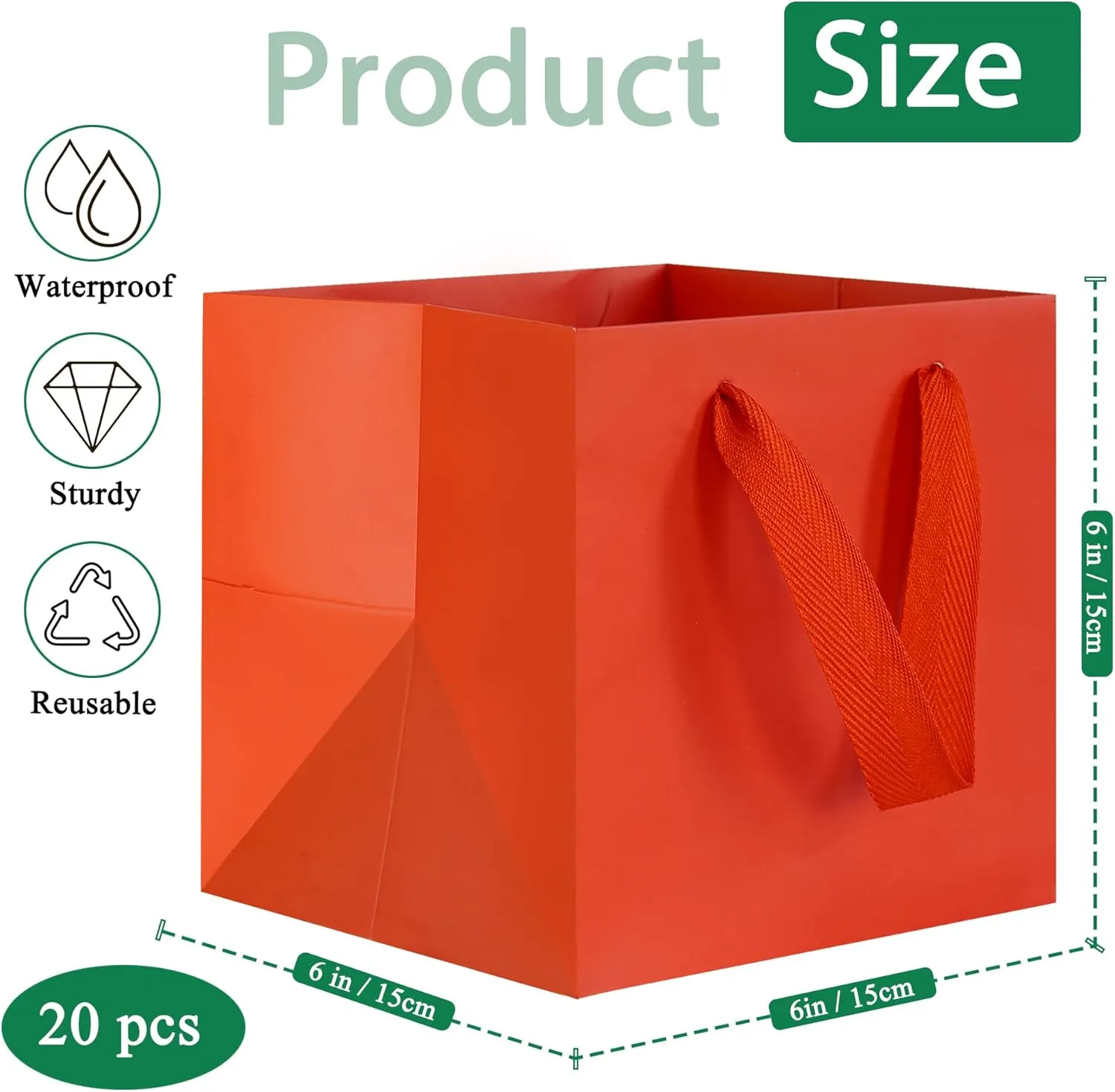 KEYYOOMY 20CT Red Paper Bags Square Gift Bags with Handles 6x6 in Small Square Bottom Kraft Paper Gift Bag Party Favor Bag for Wedding Birthday Christmas Cake Candles Small Business (6x6x6 in, Red)