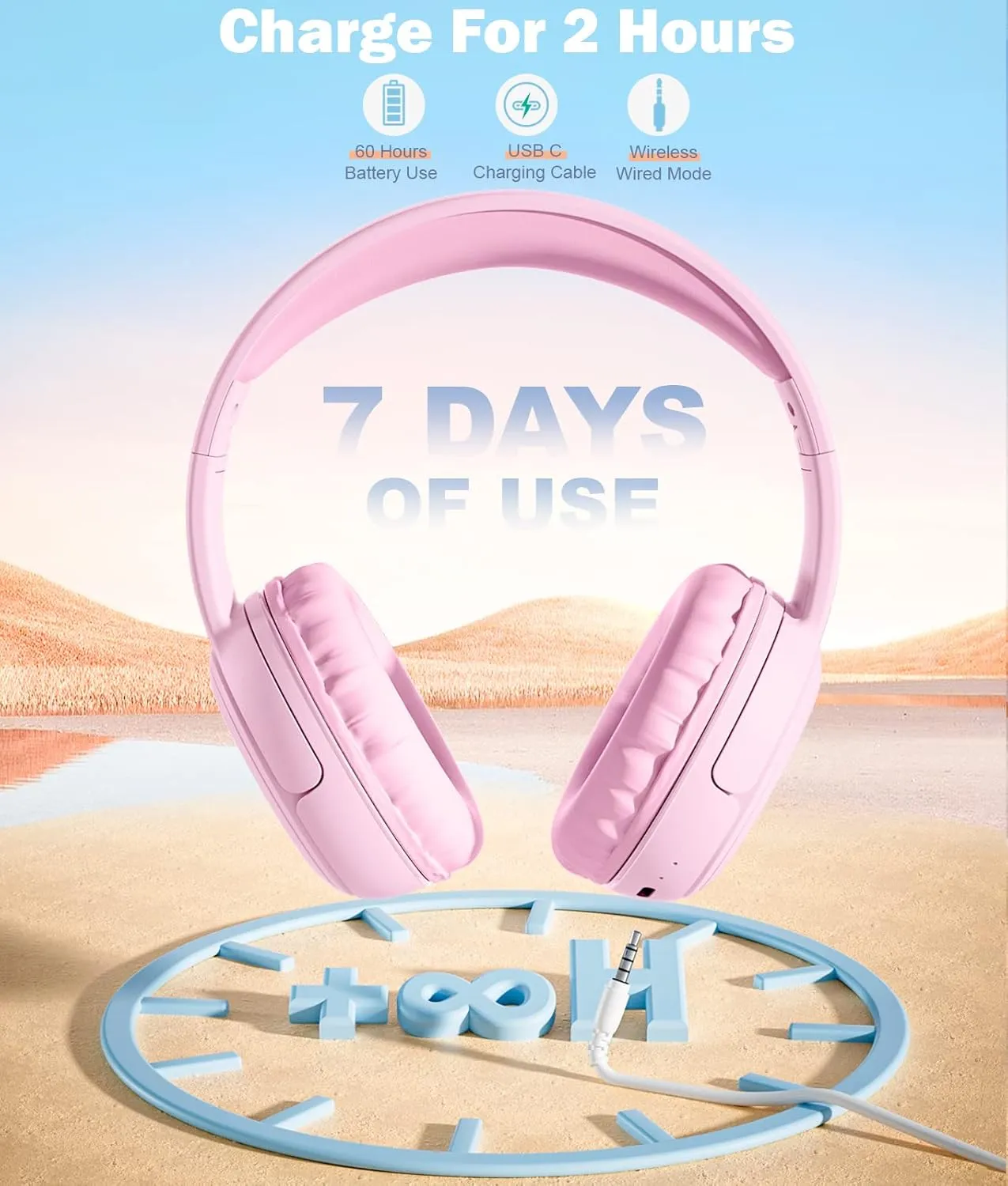 Kids Headphones, Over-Ear Headphones Bluetooth Wireless Kids with Mic, 85/93dB Volume Limited, Stereo Sound, Wired Inline AUX Cord Headphones for Children Boy Girl Teens, Pink