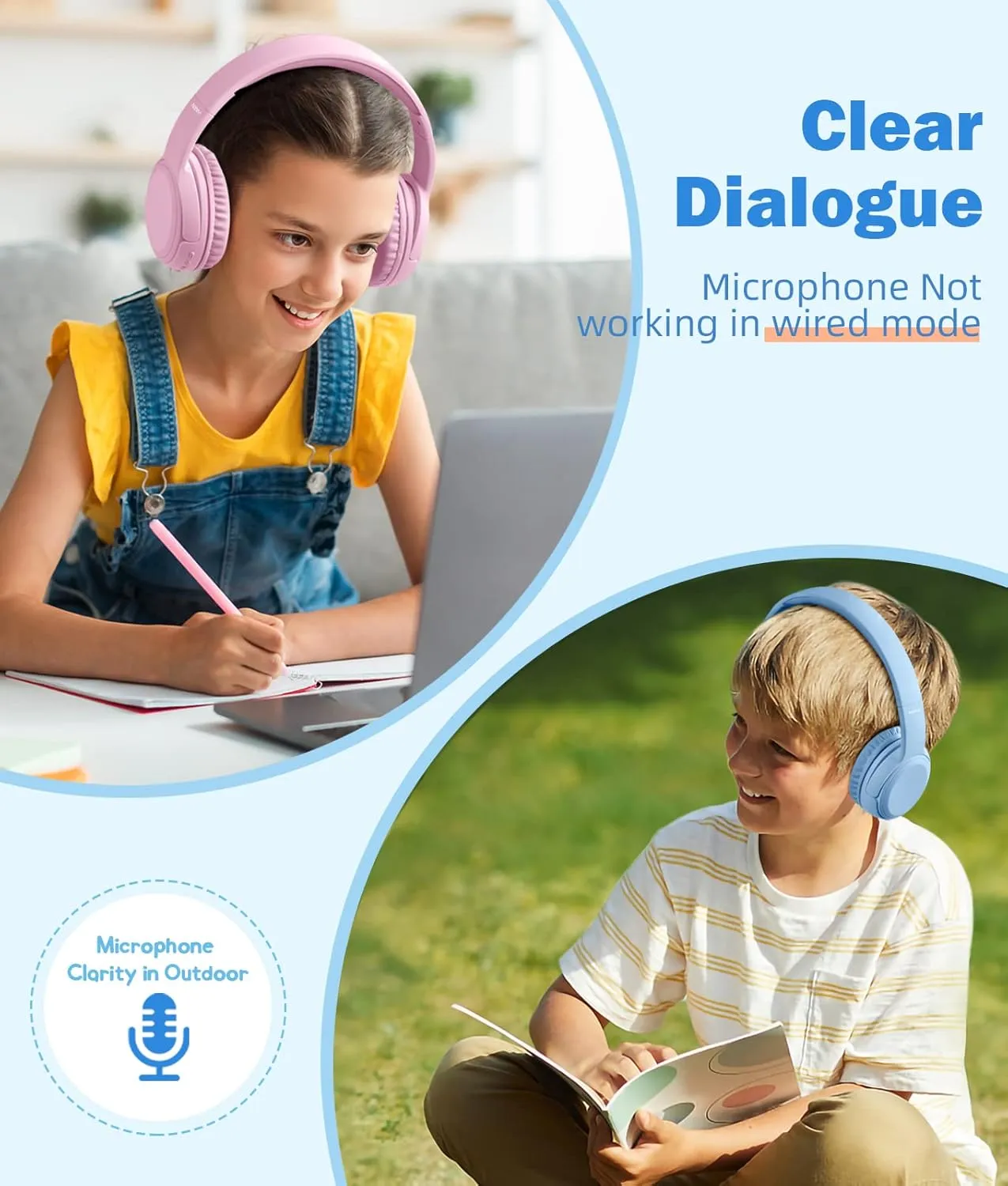 Kids Headphones, Over-Ear Headphones Bluetooth Wireless Kids with Mic, 85/93dB Volume Limited, Stereo Sound, Wired Inline AUX Cord Headphones for Children Boy Girl Teens, Pink
