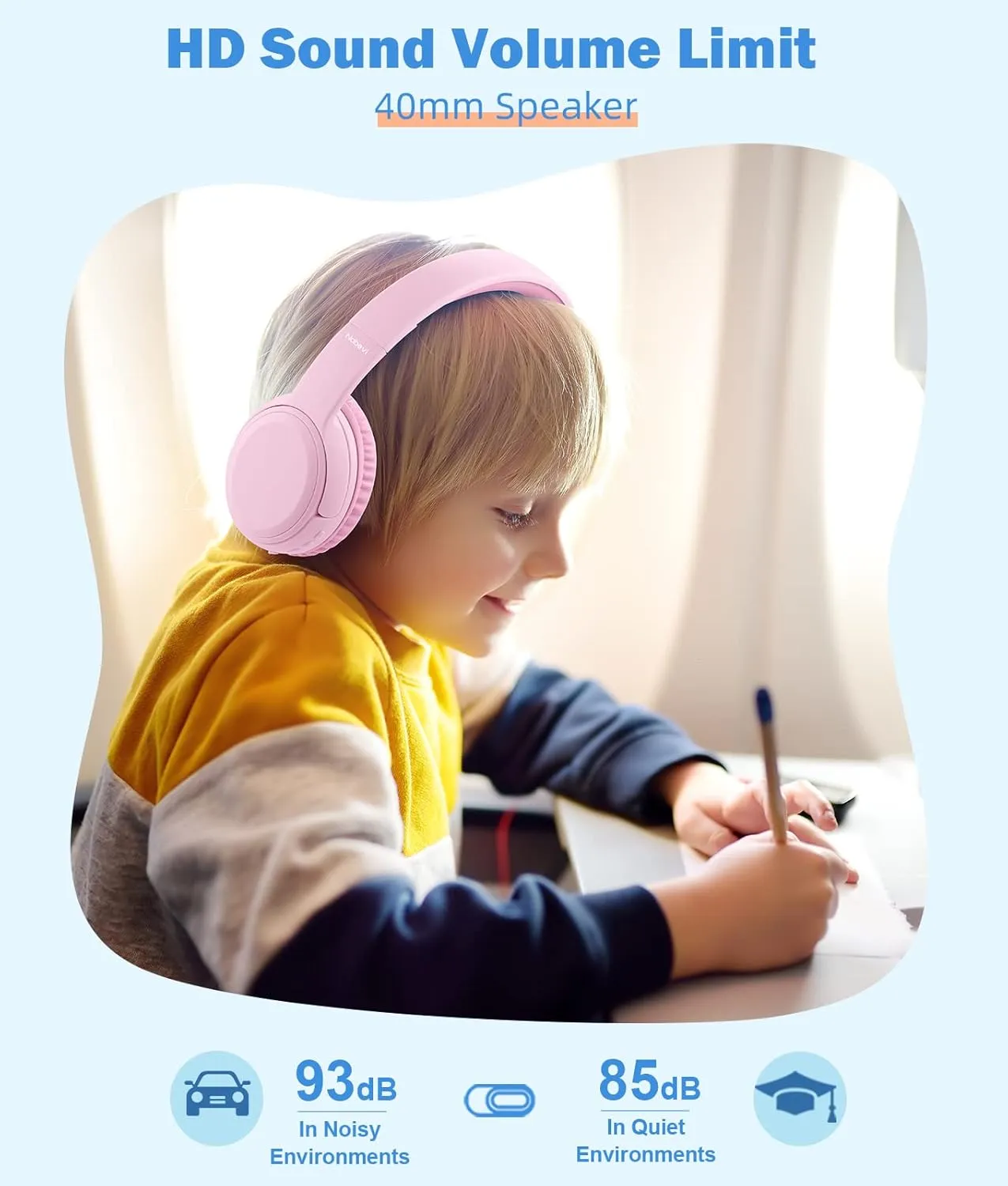 Kids Headphones, Over-Ear Headphones Bluetooth Wireless Kids with Mic, 85/93dB Volume Limited, Stereo Sound, Wired Inline AUX Cord Headphones for Children Boy Girl Teens, Pink