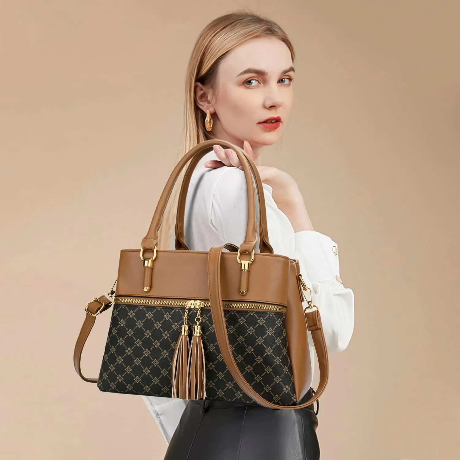 KKXIU Women Satchel Bags Handle Shoulder Handbags and Purses Pockets Zipper Leather Crossbody Bags