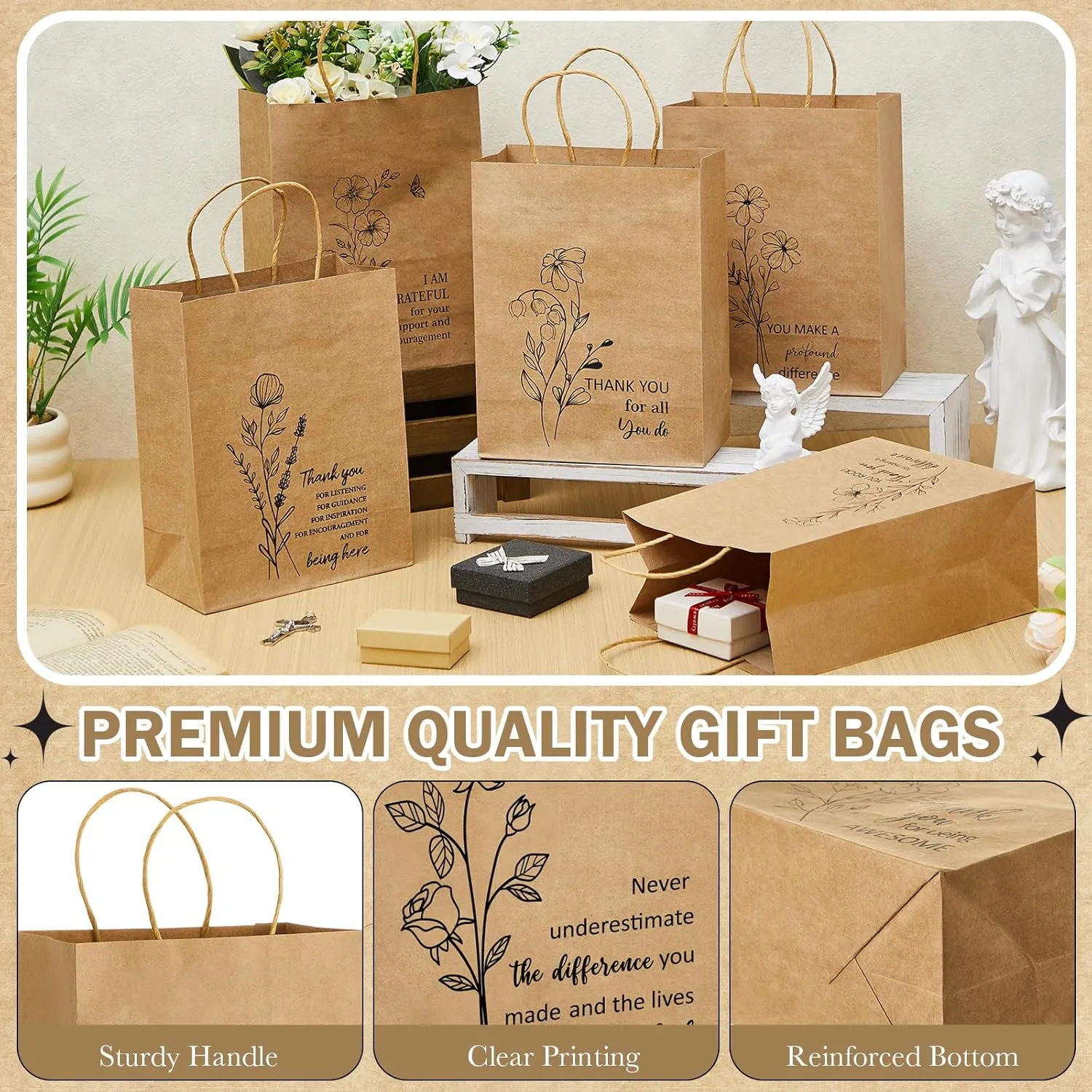 Kolldenn 50 Pcs Thank You Gifts Bags Employee Appreciation Pape Bags Bulk 8.27x4.33x10.63 '' for Teachers Administrative Professionals Day Volunteer Week Nurse CNA Week Inspirational Gift(Brown)