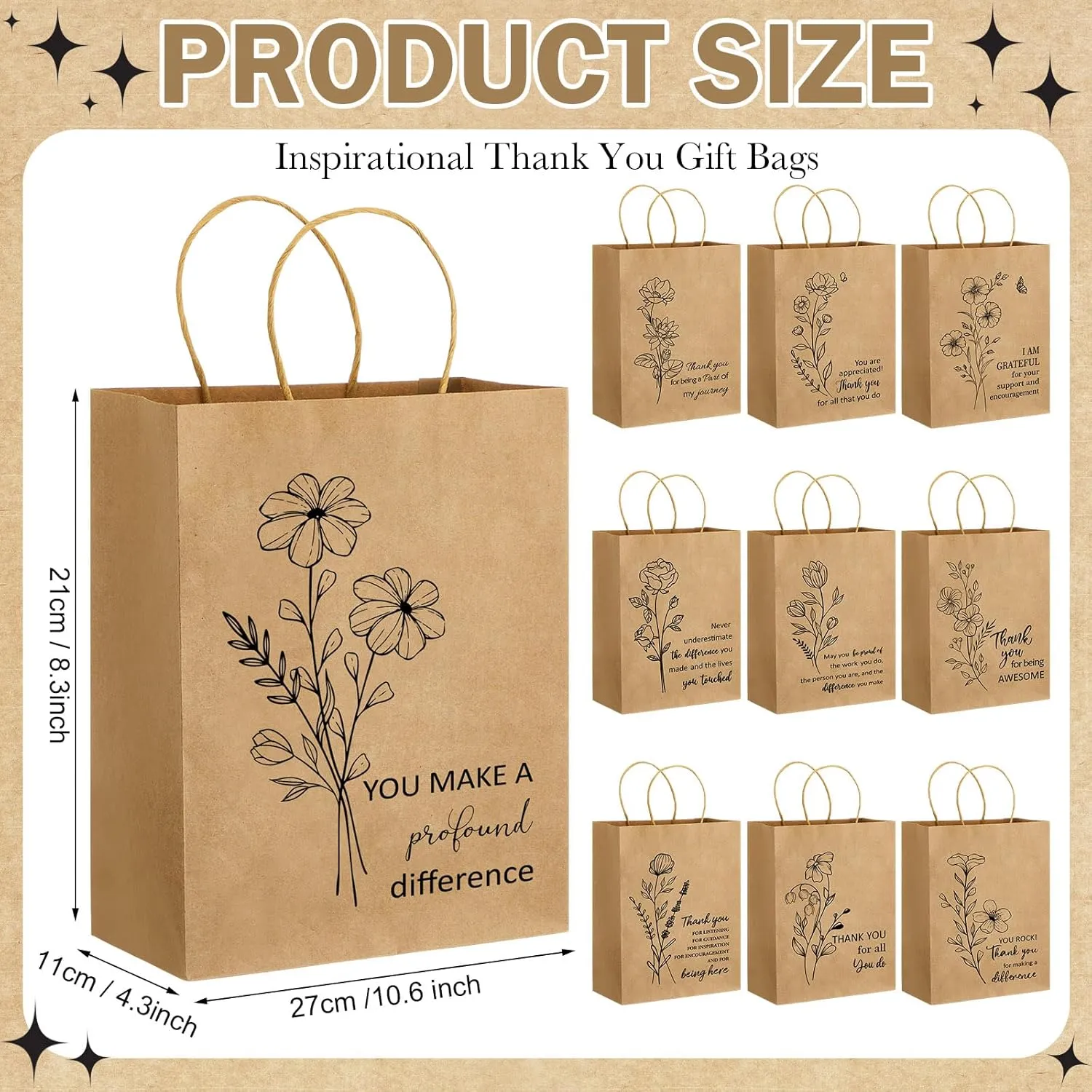 Kolldenn 50 Pcs Thank You Gifts Bags Employee Appreciation Pape Bags Bulk 8.27x4.33x10.63 '' for Teachers Administrative Professionals Day Volunteer Week Nurse CNA Week Inspirational Gift(Brown)