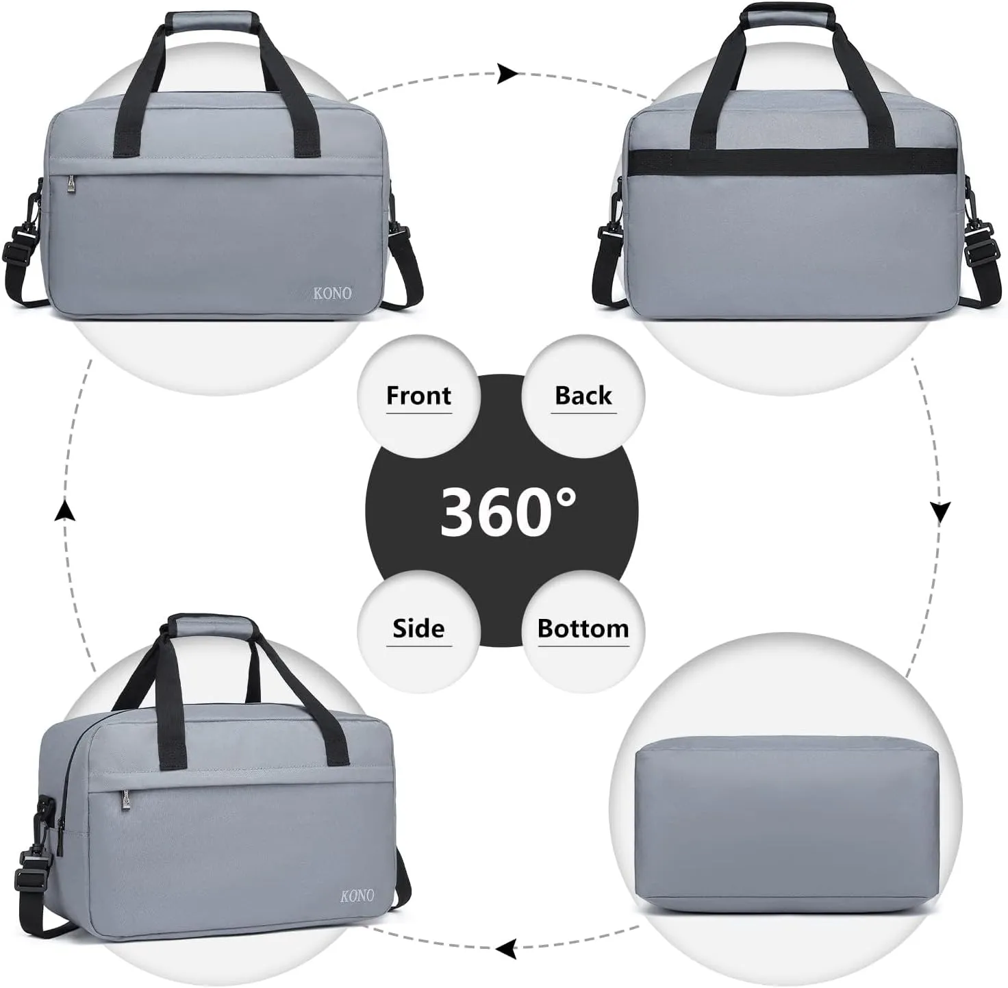 Kono Travel Duffels Bag, Cabin Luggage Under Seat Flight Carry-on Bag Unisex Sports Holdall (Grey, 14L)