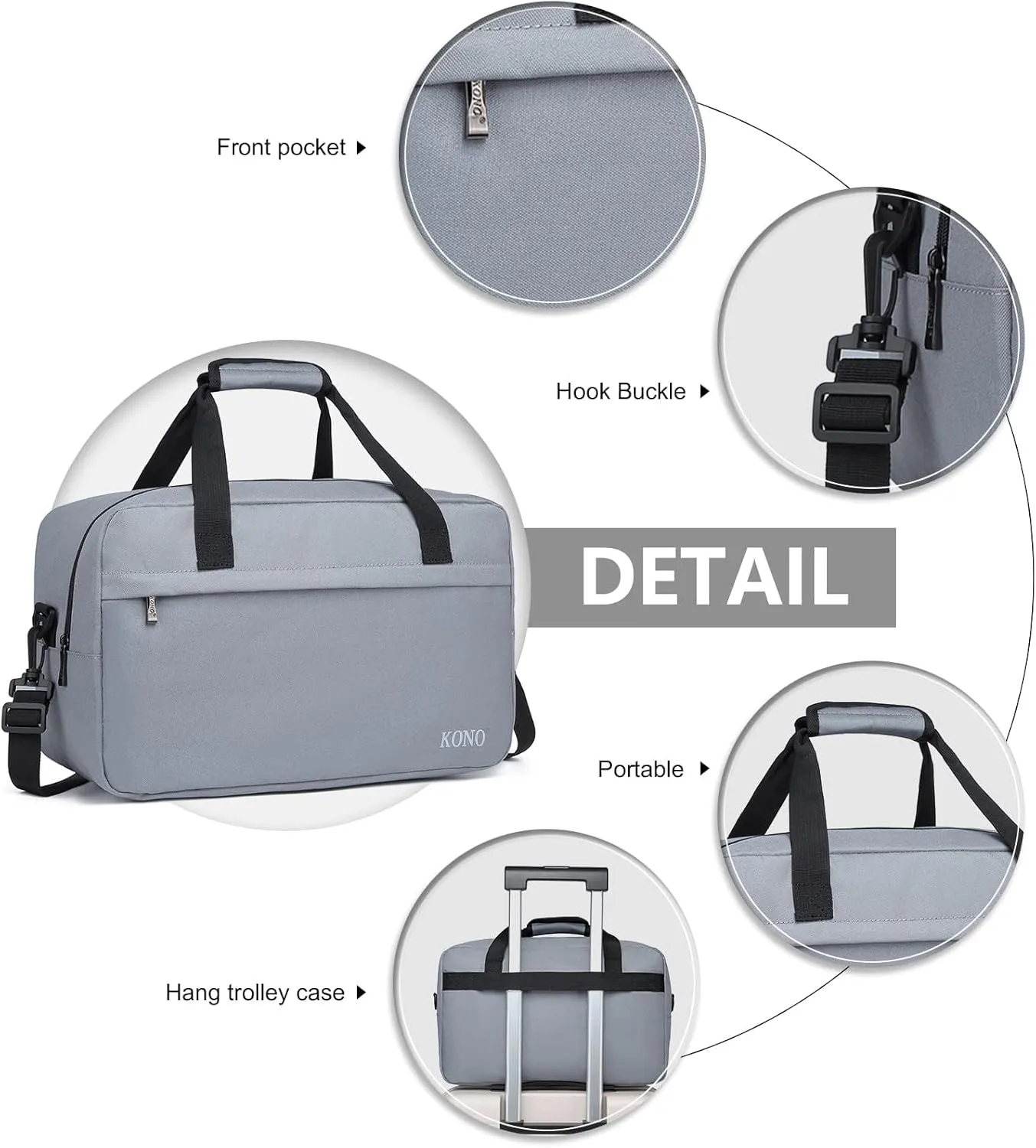 Kono Travel Duffels Bag, Cabin Luggage Under Seat Flight Carry-on Bag Unisex Sports Holdall (Grey, 14L)