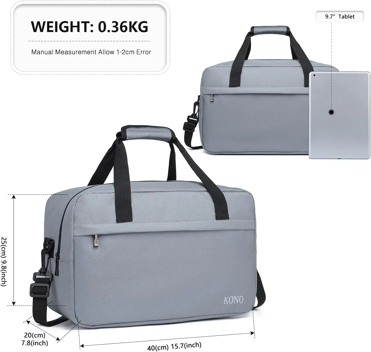 Kono Travel Duffels Bag, Cabin Luggage Under Seat Flight Carry-on Bag Unisex Sports Holdall (Grey, 14L)