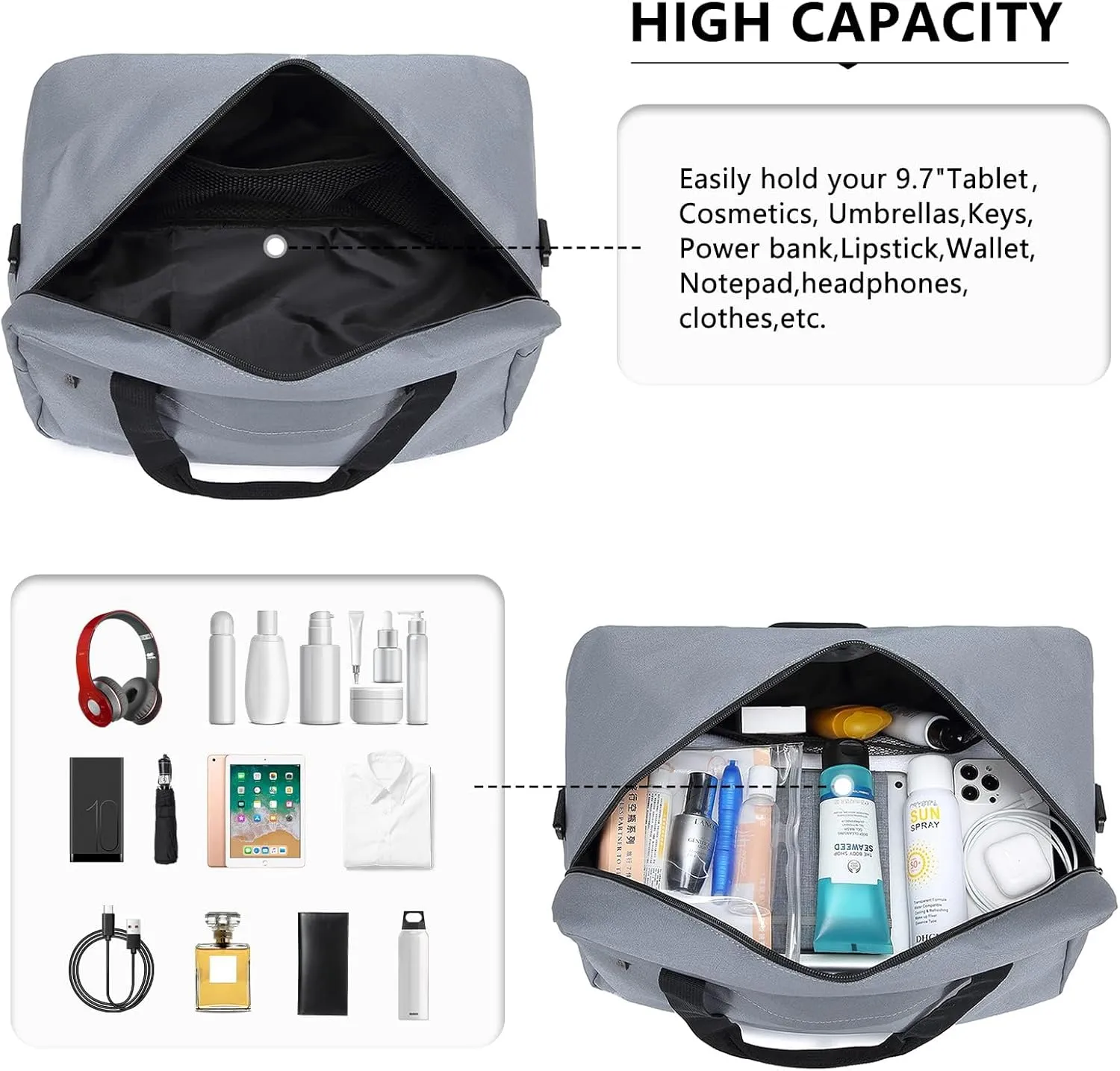 Kono Travel Duffels Bag, Cabin Luggage Under Seat Flight Carry-on Bag Unisex Sports Holdall (Grey, 14L)