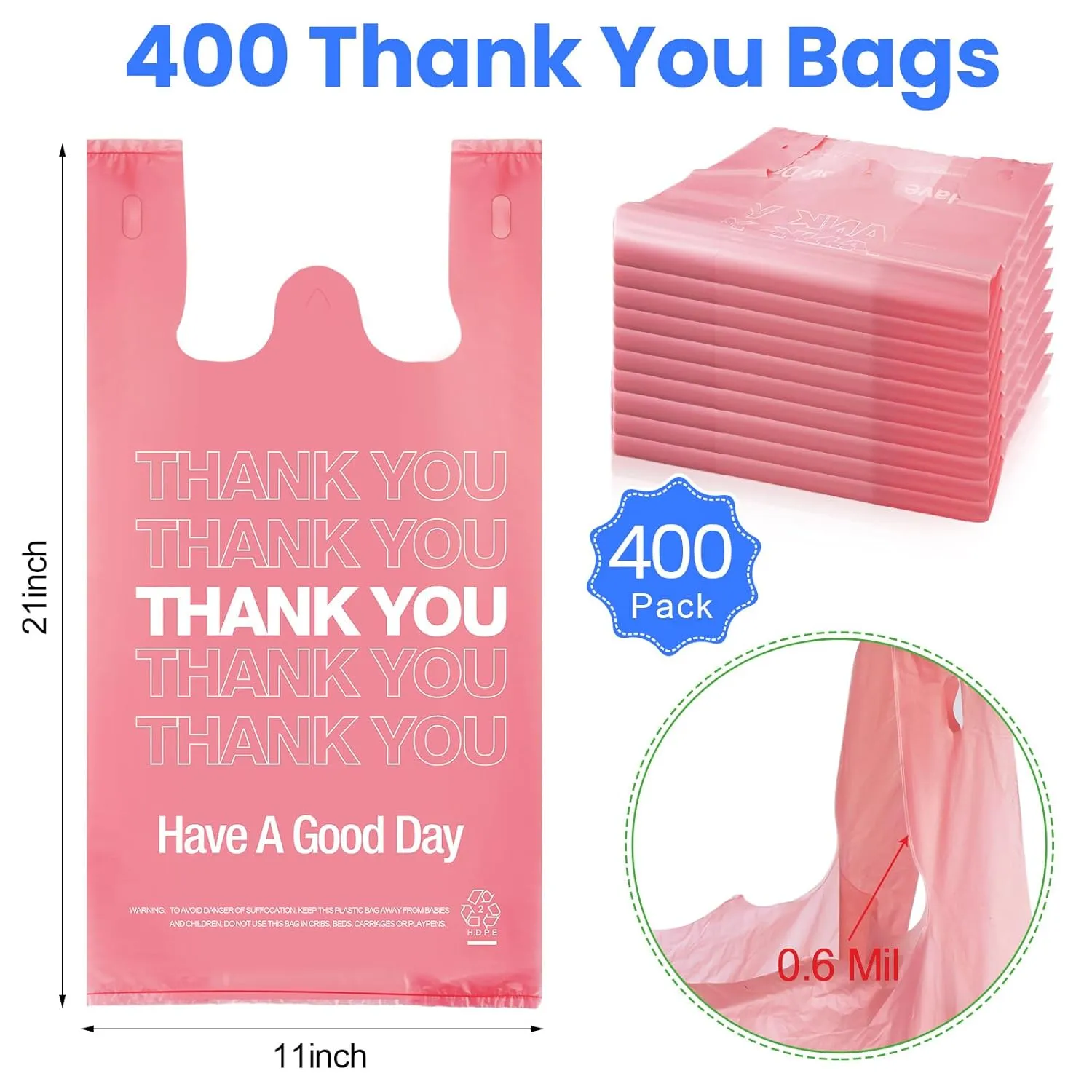 Kosiz 400 Pcs Thank You T Shirt Bags Bulk with Handles, Plastic Grocery Shopping Bags for Business 11 x 6 x 21 inch(Multi Colors)
