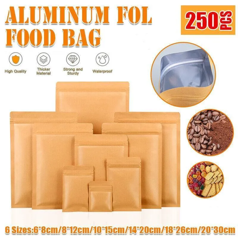 Kraft Paper Self-Sealing Tear Notch Bags 250PCS 6Sizes