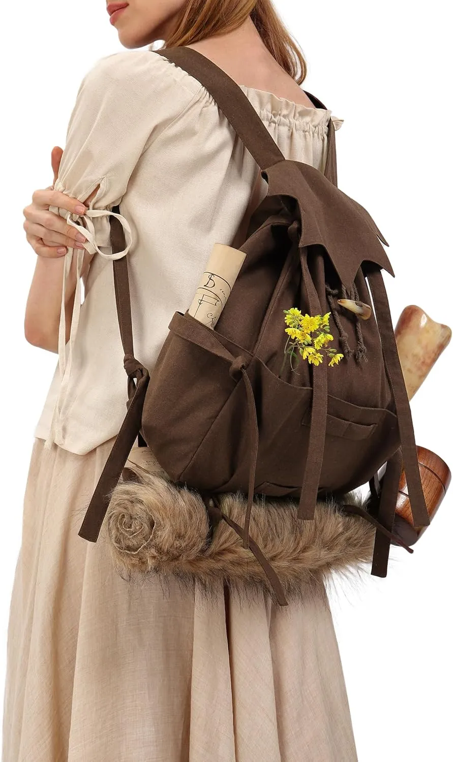 KUOIN Medieval Drawstring Backpack, Vinatge LARP Camping Renaissance Faire Accessories (Brown)