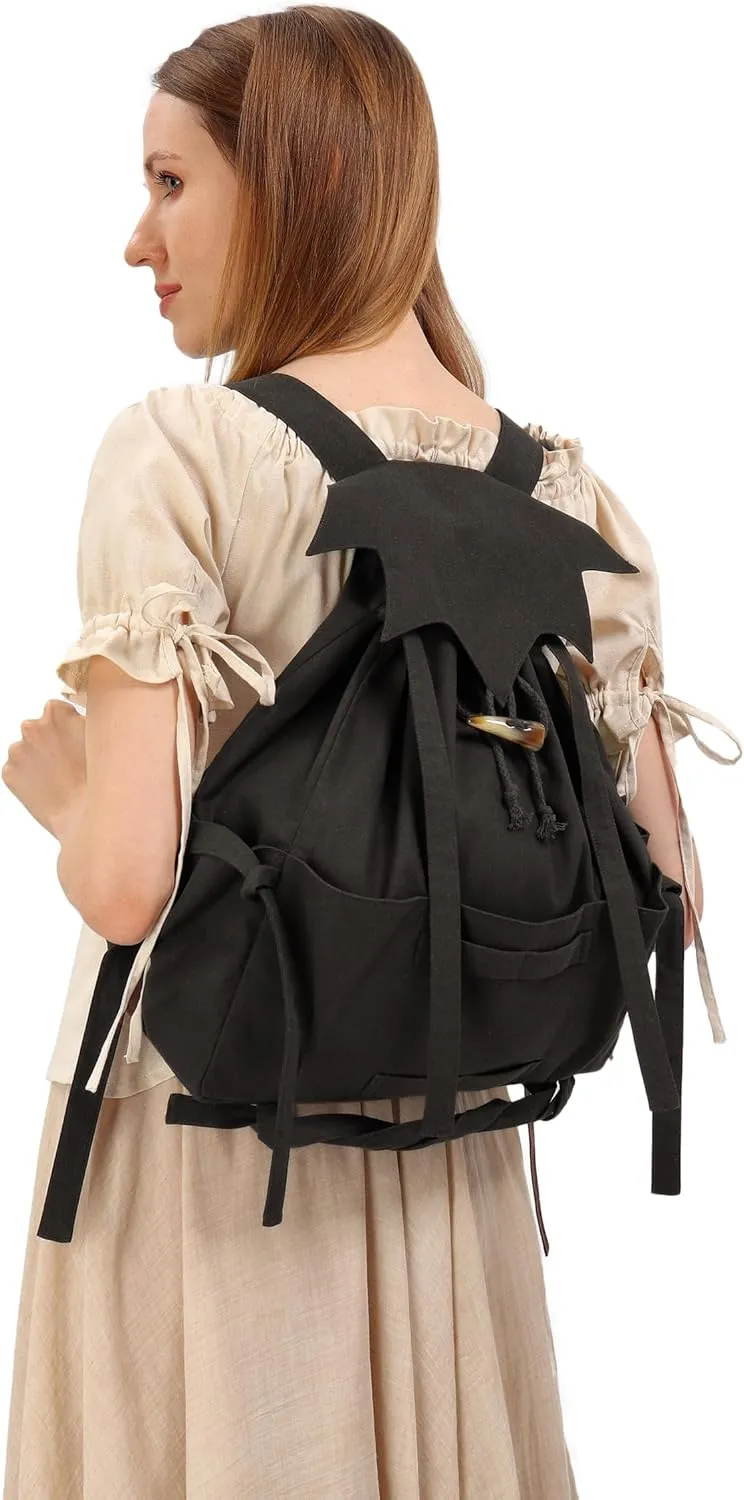 KUOIN Medieval Drawstring Backpack, Vinatge Renaissance Bag LARP Camping Accessories (Black)