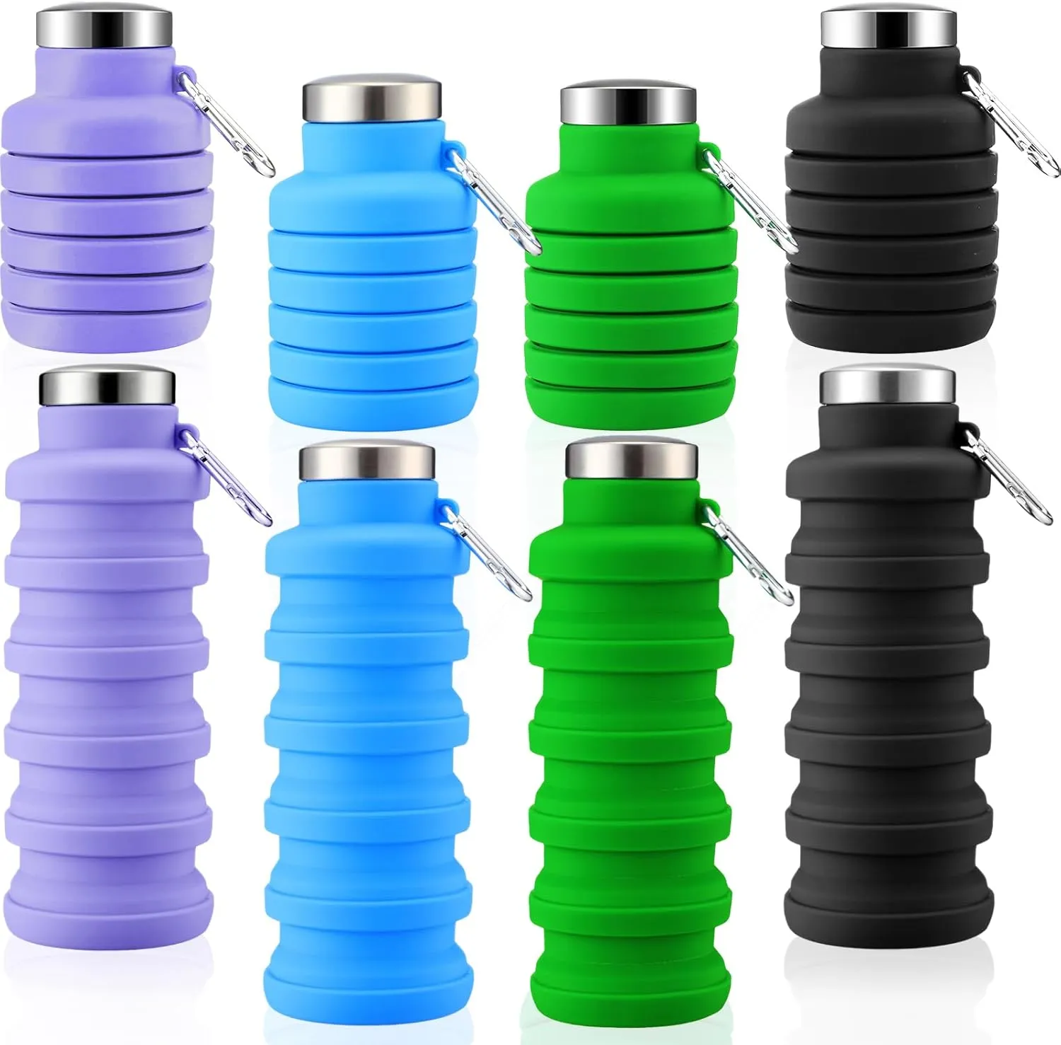 Lallisa 4 Pcs Collapsible Water Bottles 17 oz Reusable Silicone Foldable Travel Water Bottle Portable Leak Proof Sports Water Bottles for Gym Camping Hiking (Blue, Purple, Gray, Green)