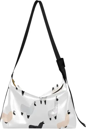 Lama Flock Cartoon Alpacas Hobo Leather Bags for Women Large Leather Purse Leaf Animal Print Ladies Hobo Handbags