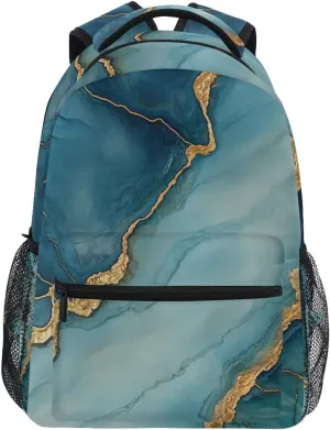 Laptop Backpack for Men and Women Waterproof Vintage Daypacks with Chest Strap for Business Work College Travel Trip Marble Navy Blue Turquoise