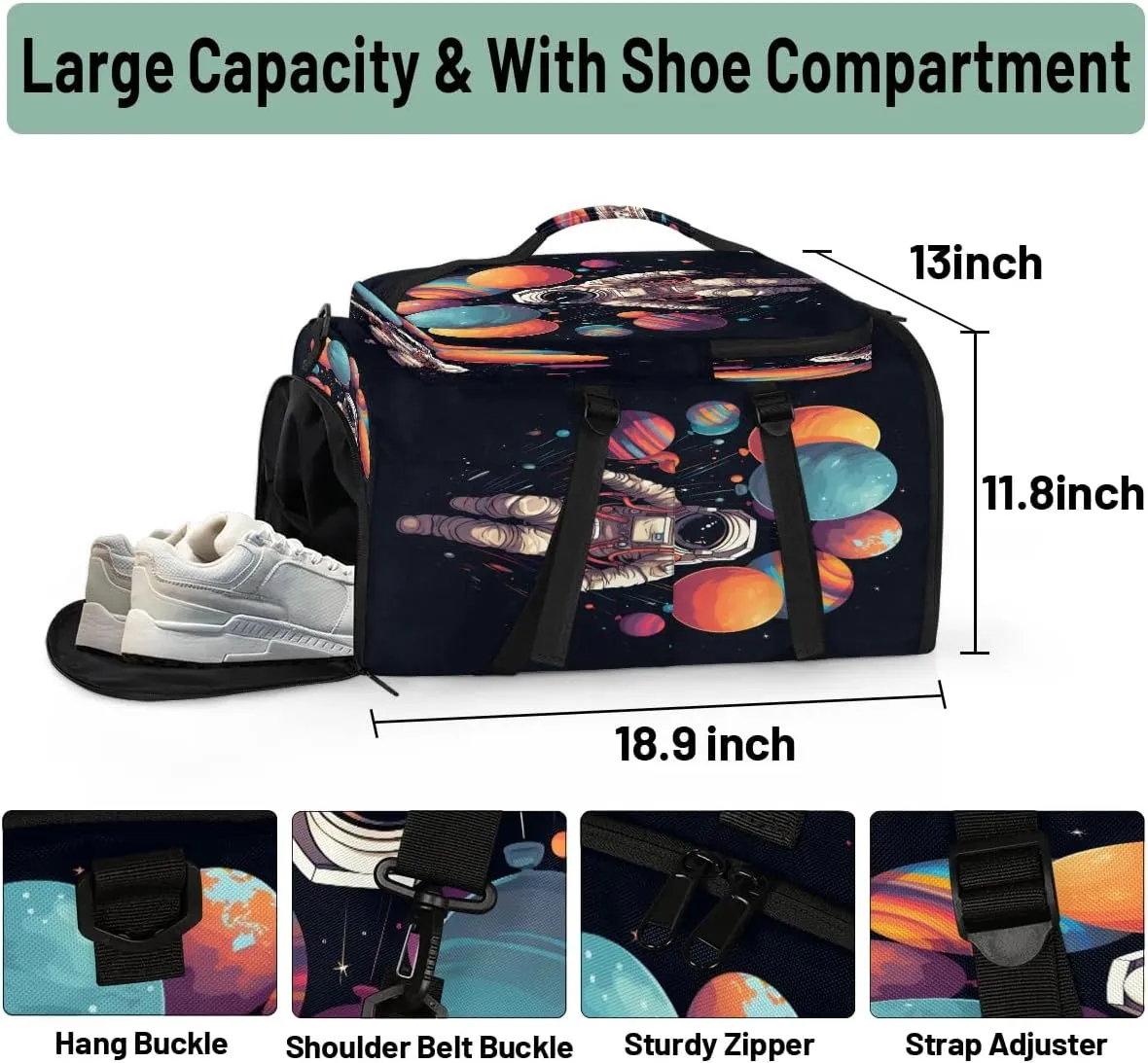 Large Carry on Backpack for Women Men Multi-function Gym Duffle Bag Astronaut Print Backpack Polyester Waterproof Duffel Bags