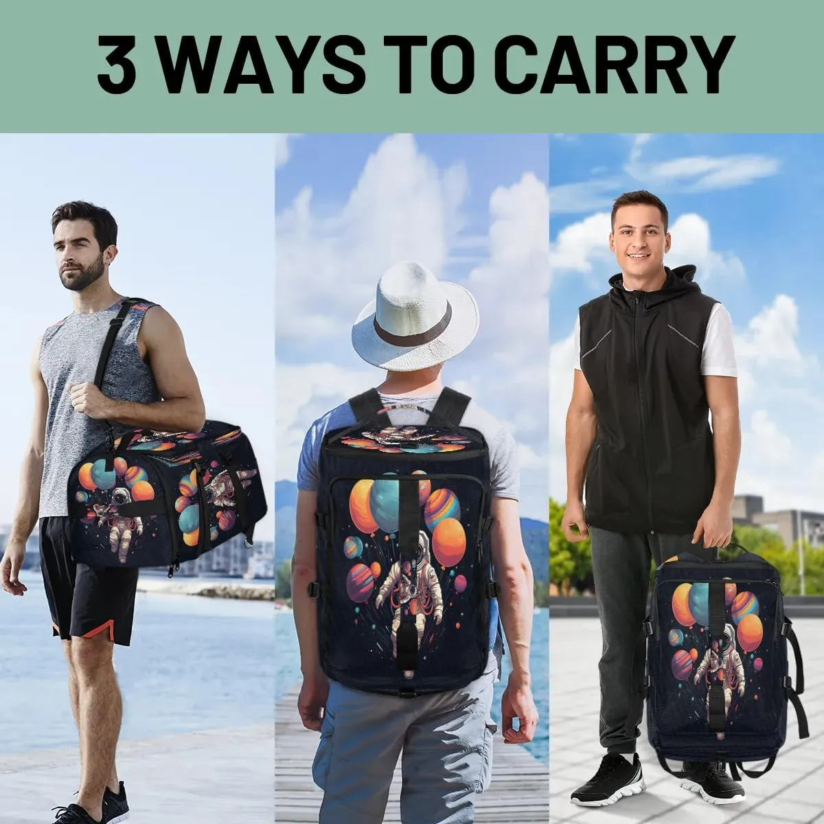 Large Carry on Backpack for Women Men Multi-function Gym Duffle Bag Astronaut Print Backpack Polyester Waterproof Duffel Bags