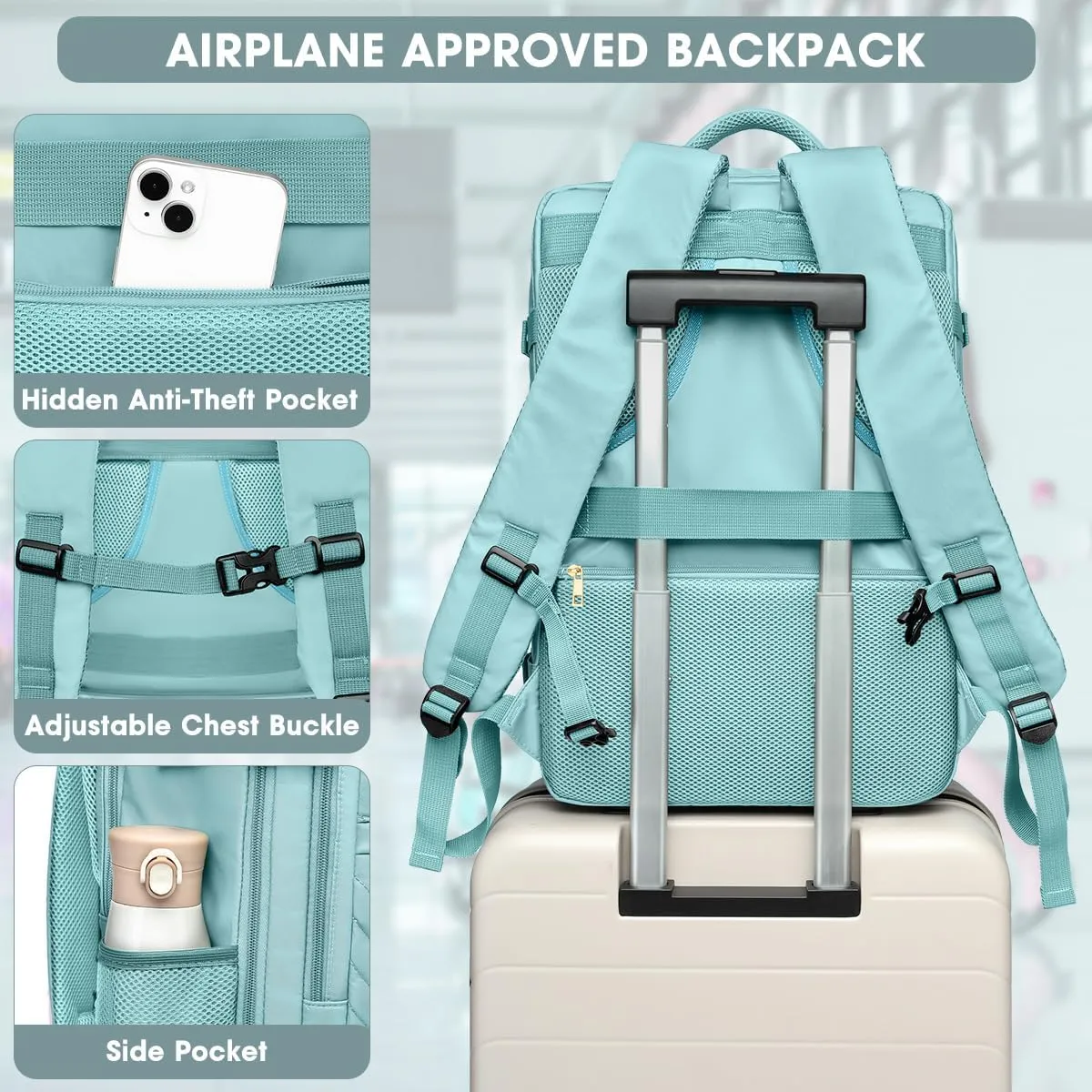 Large Carry On Travel Backpack - Flight Approved Waterproof Luggage Suitcase Backpacks Personal Item Size for Women Fit 17 Inch Laptop College Overnight Bag Anti-Theft Weekender Daypack Light Blue