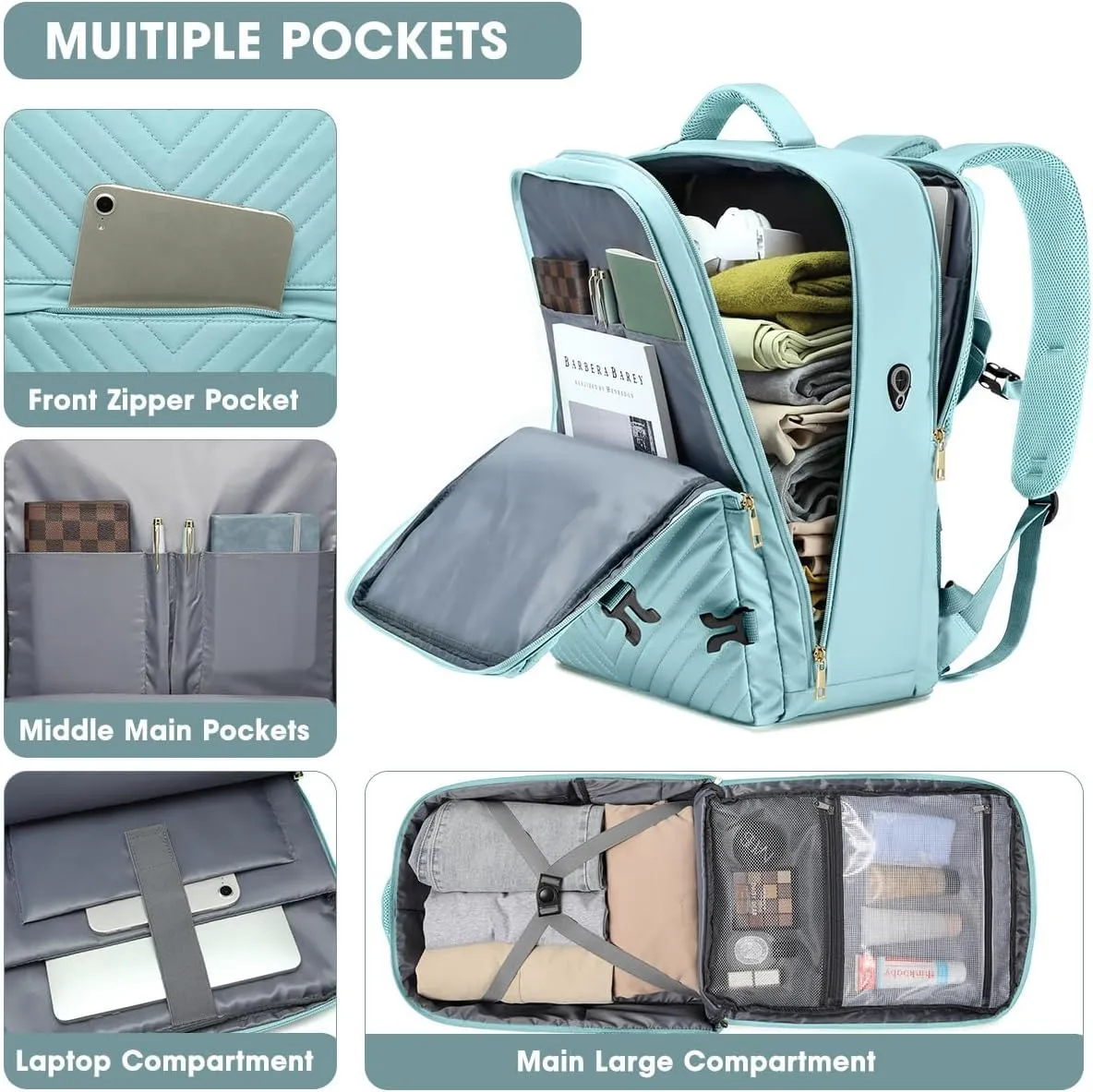 Large Carry On Travel Backpack - Flight Approved Waterproof Luggage Suitcase Backpacks Personal Item Size for Women Fit 17 Inch Laptop College Overnight Bag Anti-Theft Weekender Daypack Light Blue