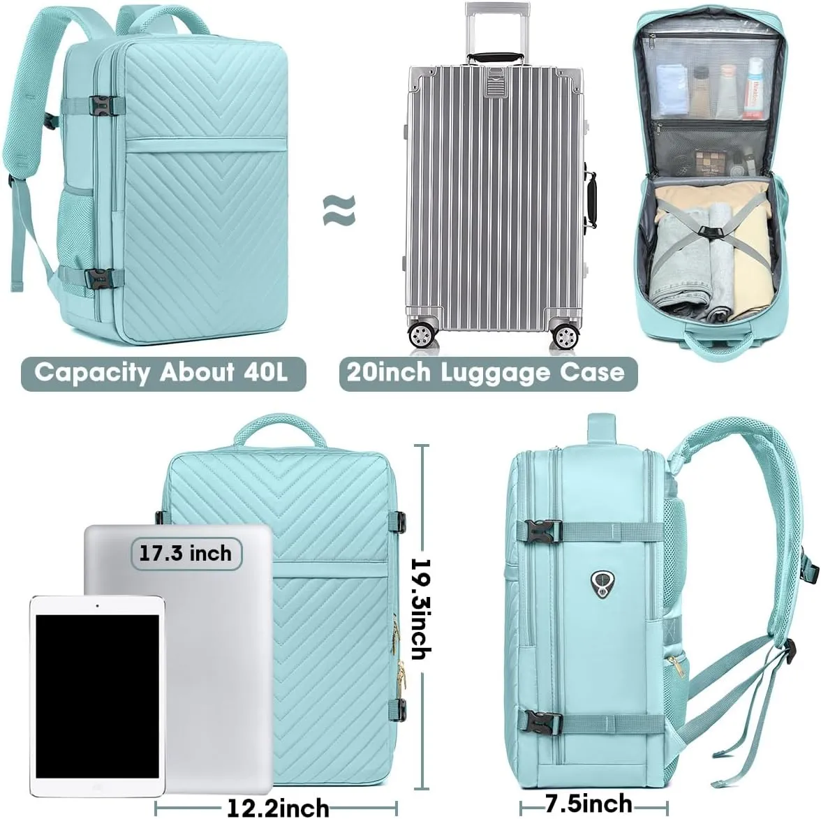 Large Carry On Travel Backpack - Flight Approved Waterproof Luggage Suitcase Backpacks Personal Item Size for Women Fit 17 Inch Laptop College Overnight Bag Anti-Theft Weekender Daypack Light Blue