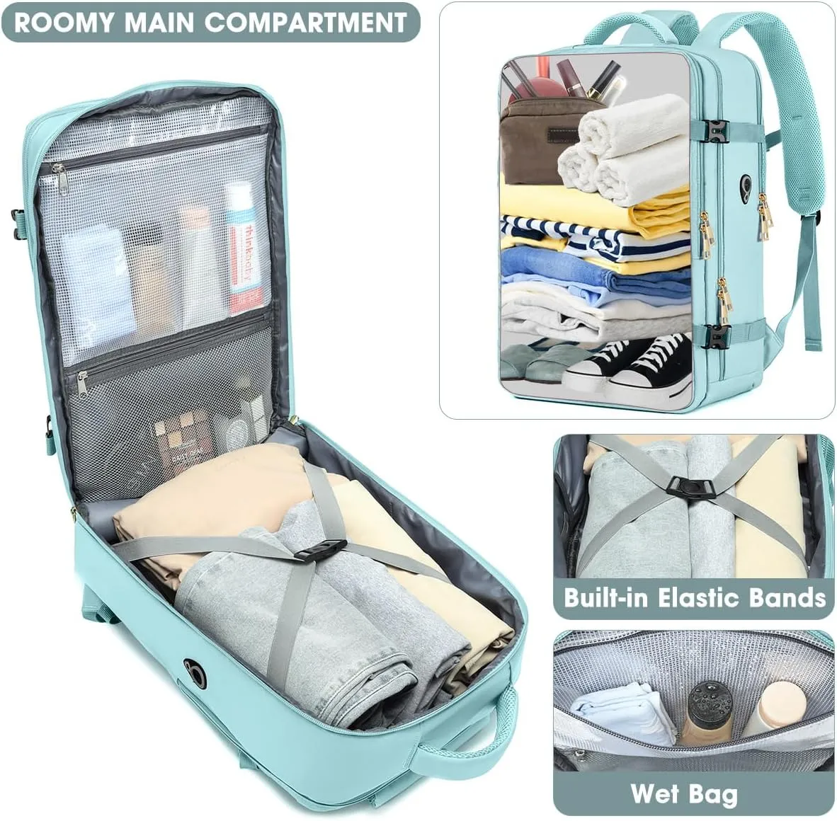 Large Carry On Travel Backpack - Flight Approved Waterproof Luggage Suitcase Backpacks Personal Item Size for Women Fit 17 Inch Laptop College Overnight Bag Anti-Theft Weekender Daypack Light Blue