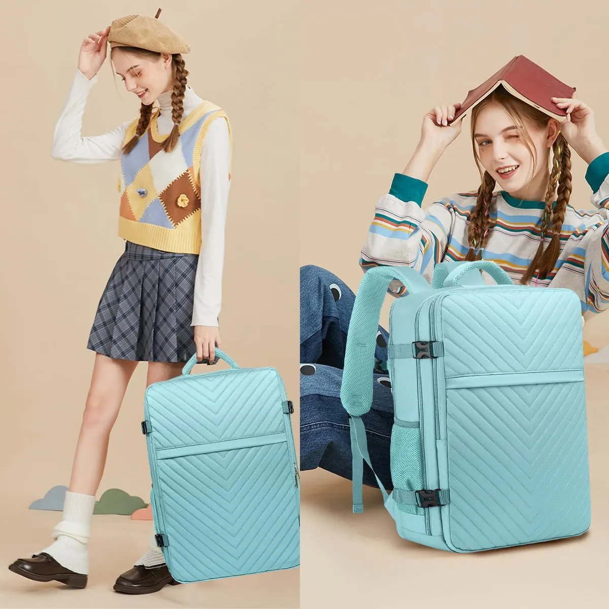Large Carry On Travel Backpack - Flight Approved Waterproof Luggage Suitcase Backpacks Personal Item Size for Women Fit 17 Inch Laptop College Overnight Bag Anti-Theft Weekender Daypack Light Blue