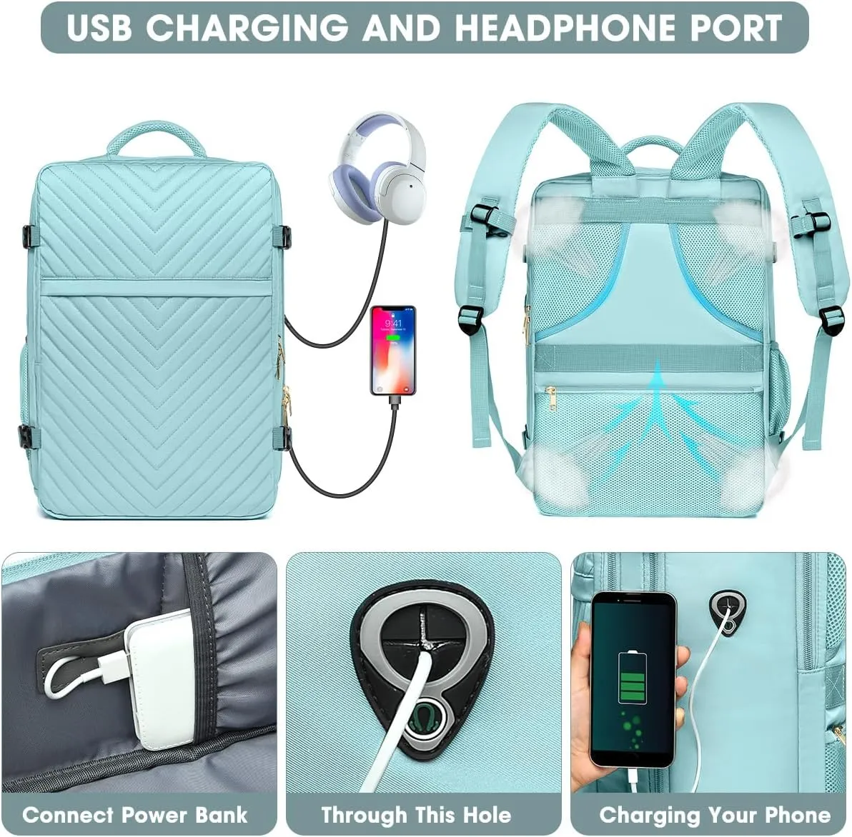 Large Carry On Travel Backpack - Flight Approved Waterproof Luggage Suitcase Backpacks Personal Item Size for Women Fit 17 Inch Laptop College Overnight Bag Anti-Theft Weekender Daypack Light Blue