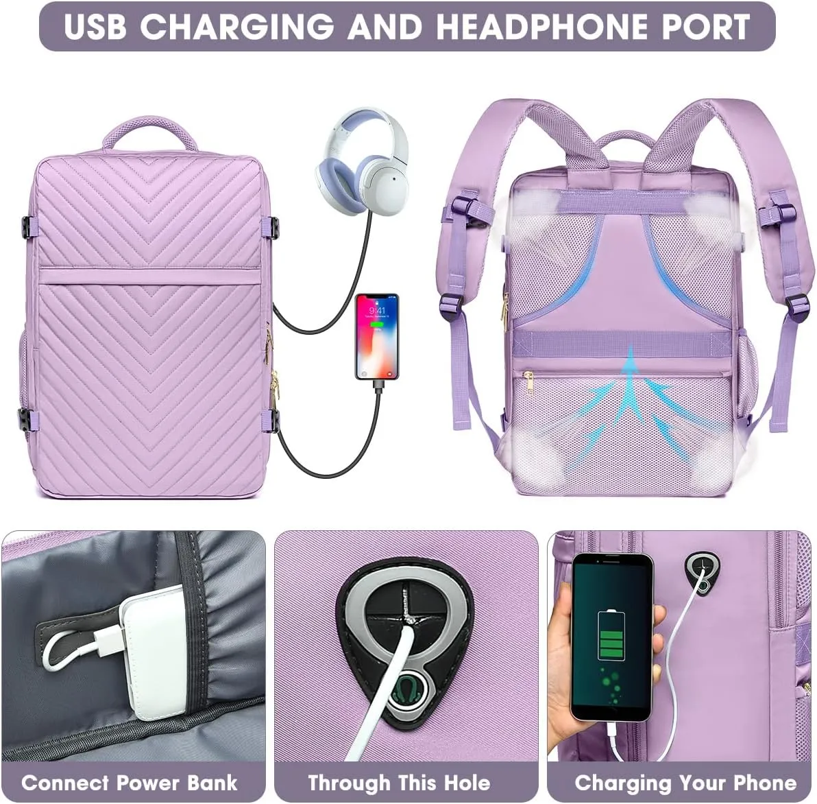 Large Carry On Travel Backpack - Flight Approved Waterproof Luggage Suitcase Backpacks Personal Item Size for Women Fit 17 Inch Laptop College Overnight Bag Anti-Theft Weekender Daypack Light Purple