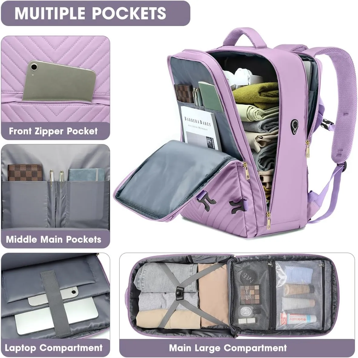Large Carry On Travel Backpack - Flight Approved Waterproof Luggage Suitcase Backpacks Personal Item Size for Women Fit 17 Inch Laptop College Overnight Bag Anti-Theft Weekender Daypack Light Purple
